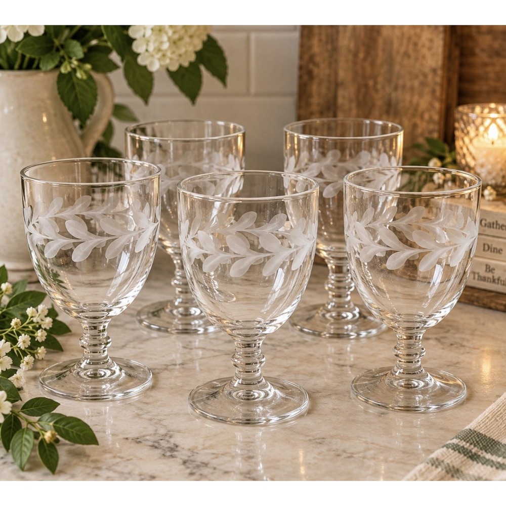 Set Of 5 Rock Sharpe Garland Etched Glass Water Goblets Pair Vintage Iced Tea